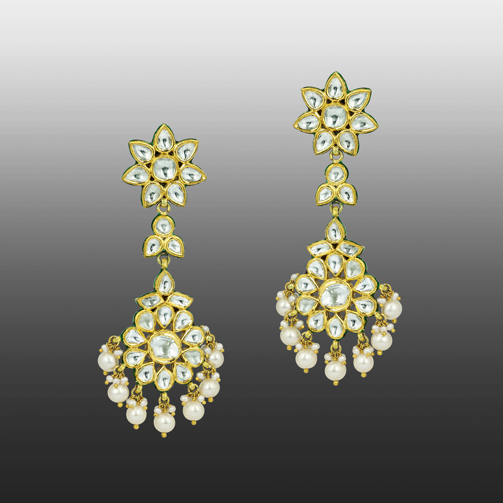 Ivory Floral Polki Earrings with Pearl Clusters
